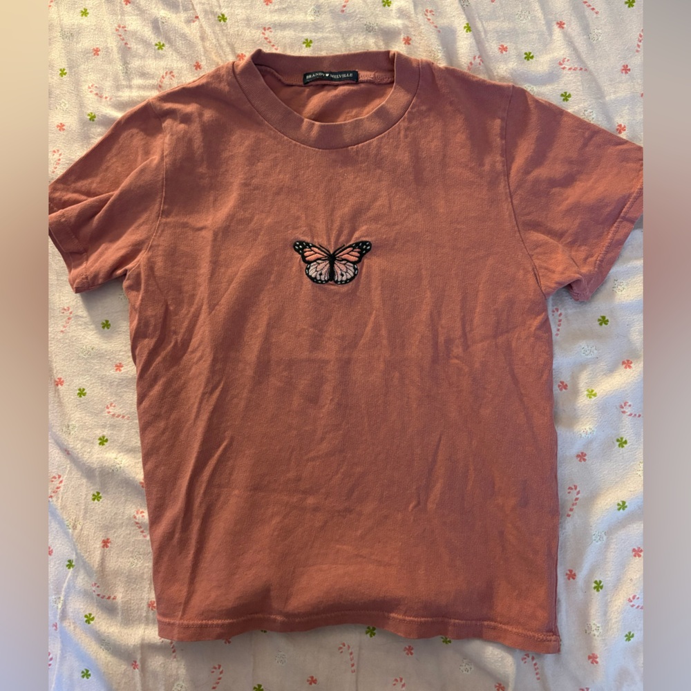 Brandy Melville Mauve Tee with Butterfly Embroidery